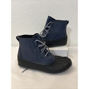 Merona Womens Jodi Duck Blue Black Rubber Over Ankle Boots sz‎ 10 Lace Up Lined